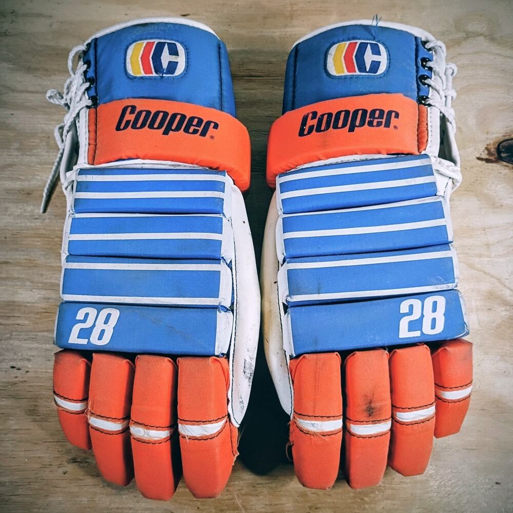 Vintage Cooper Hockey Gloves 15" Blue Orange #28 Oilers Islanders Style SOFT